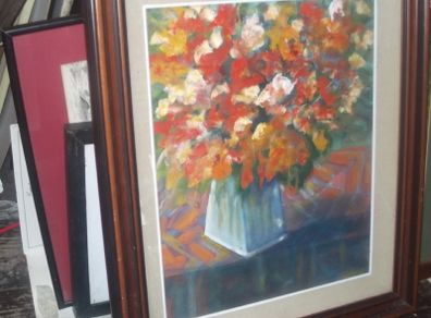 a large oil painting on board of a still life signed lacy