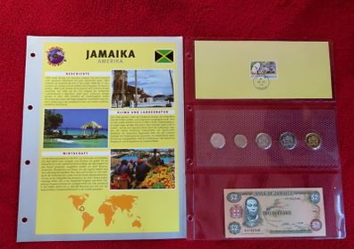 Jamaica Banknote + Coin + Stamp collector set vintage currency