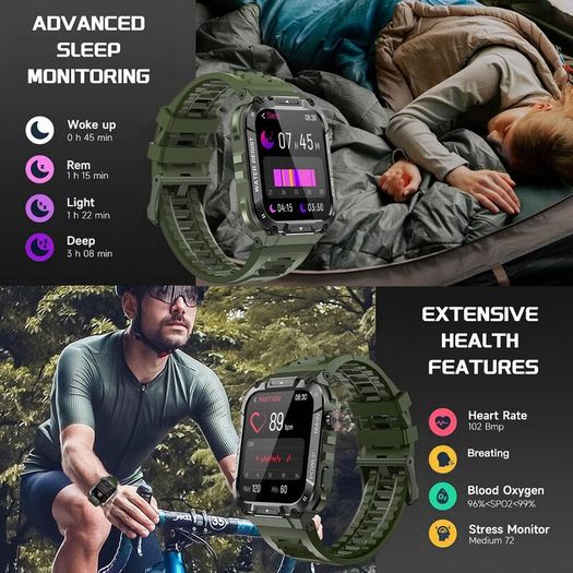 Military Smart Watch for Men 1.96 Inches Outdoor Sports Smartwatch with Answer/Make Call,Fitness watch,Blood Oxygen,Heart Rate and Sleep Monitor Compatible with iPhone and Android