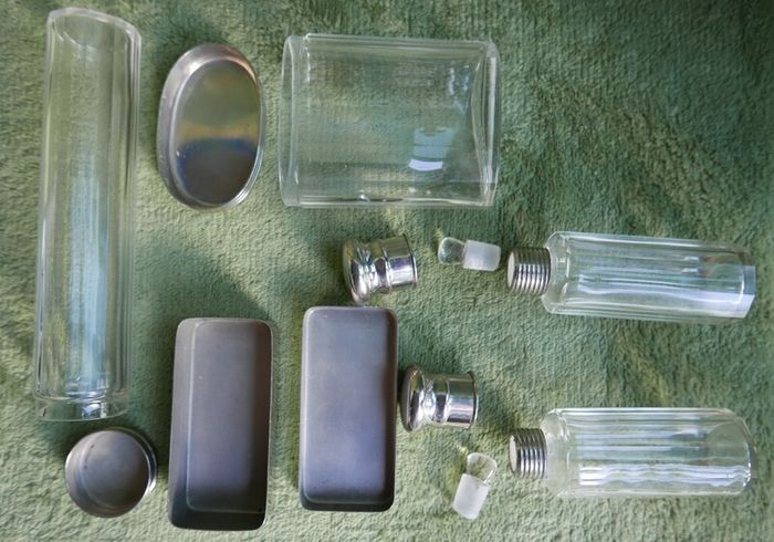 Antique Edwardian 1800s Set 5  Apothecary Bottles Ground-Glass Stoppers, Glass Vanity Pin Bottles Jars