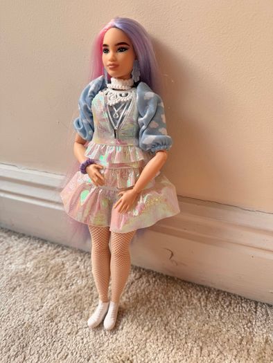 Barbie Extra #2 Curvy Asian Articulated doll Pink Purple Long Hair Used Please see photos