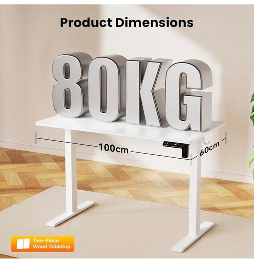 Electric Standing Desk, 100 x 60 cm, White Height Adjustable Desk, 2 Hooks, 4 Memory Heights, 72-118cm, Splice Board, Ergonomic Sit Stand Computer Desk for Home Office
