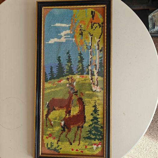 Retro needlepoint wall hanging with scenic forest scene with two deer