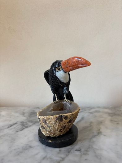 Hand-Carved Gemstone Toucan on Agate Geode Base