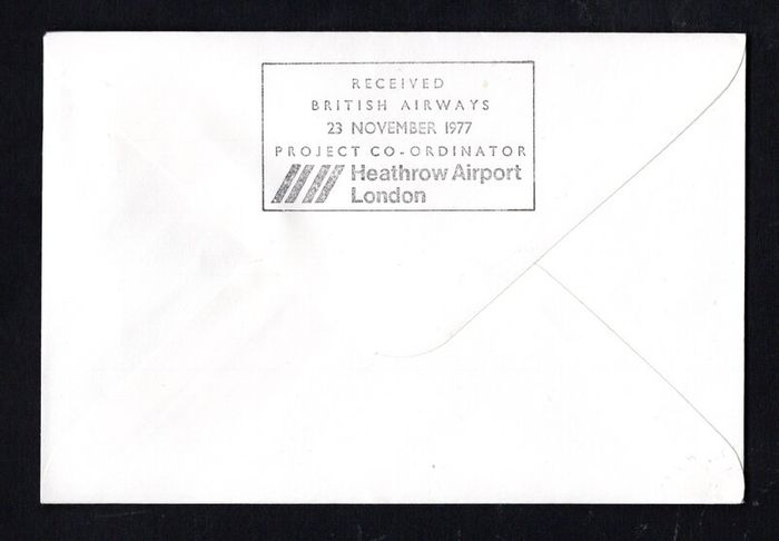 1977 USA Concorde Flight Cover for SST Inaugural Transatlantic Flight. New York to London cancelling 13 50th Anniversary Solo Transatlantic Flight with receiving cancel on the reverse