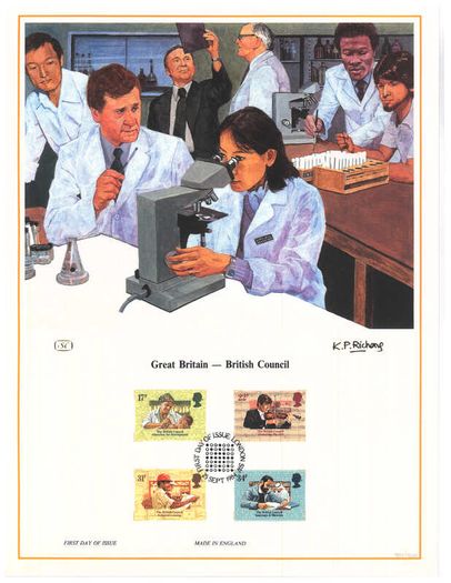 1984 Great Britain Limited Edition Lithographed Print measuring 333mm X 257mm showing British Council Commemorative stamps with First Day of Issue Cancel