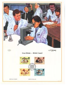 1984 Great Britain Limited Edition Lithographed Print measuring 333mm X 257mm showing British Council Commemorative stamps with First Day of Issue Cancel