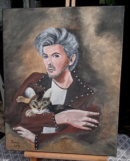 Original David Bowie portrait painting with cat