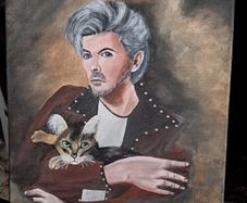 Original David Bowie portrait painting with cat