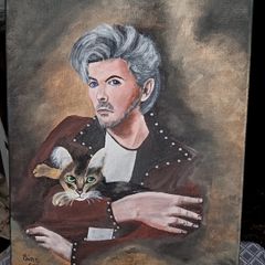 Original David Bowie portrait painting with cat