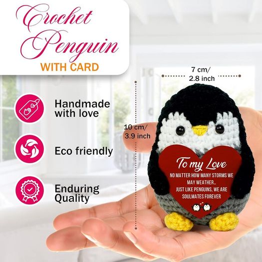 Handmade Crochet Penguin Gift Cute Romantic Present for Him or Her, Boyfriend, Girlfriend, Husband, Wife I Love You Anniversary, Birthday, Wedding, or Easter Gift for Couples