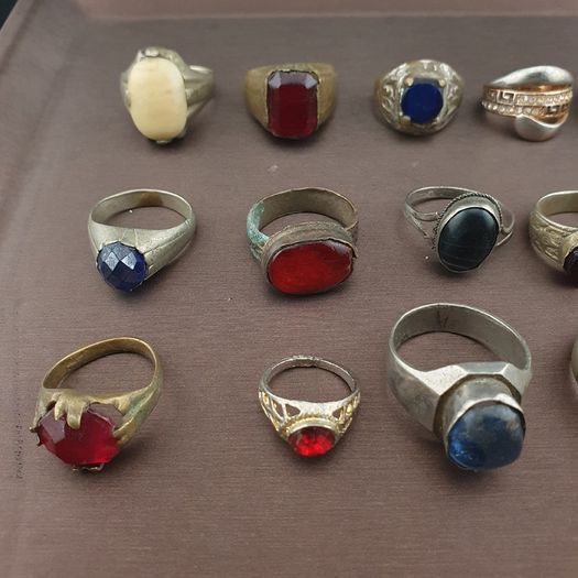 Antique Lot of 15 Handmade Brass Rings Mixed Gemstone & Glass Designs