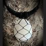 OOAK Chunky Black Leather Necklace with Carved Selenite Stone in Macrame Image 2