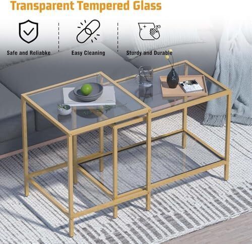 Nesting Tables, Set of 2 End Table, Coffee Tables, Side Table with Metal Frame for Living Room/Bedroom/Balcony/Office/Apartment, Diameter 60/40 cm (Gold Frame, Glass Top)