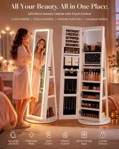 Full Length Mirror Jewellery Cabinet with LED Lights  Lockable Storage Organiser