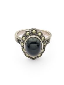 Marcasite Halo Jet Sterling Silver Ring