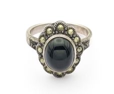 Marcasite Halo Jet Sterling Silver Ring