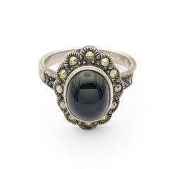 Marcasite Halo Jet Sterling Silver Ring