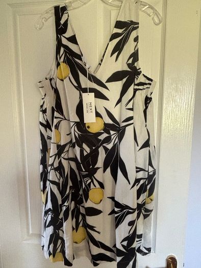Next Ecru/Yellow Lemon Print Linen Blend V-Neck Summer Mini Dress