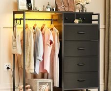 Chest of Drawers Bedroom with Hanging Rail, Built-in LED Lighting and Power Socket, Reversible 6-Drawer Design, Fabric Chest of Drawers for Bedrooms and Living Rooms, 110 x 30 x 106cm, Black