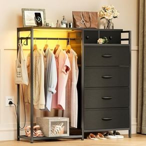 Chest of Drawers Bedroom with Hanging Rail, Built-in LED Lighting and Power Socket, Reversible 6-Drawer Design, Fabric Chest of Drawers for Bedrooms and Living Rooms, 110 x 30 x 106cm, Black