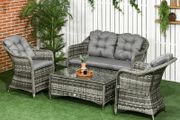 4 Pieces Outdoor PE Rattan Garden Furniture Set with Cushions - Patio Special Hand Weave Wicker Conservatory Sofa Set and Glass Top Coffee Table, Mixed Grey