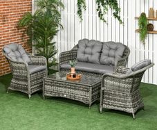 4 Pieces Outdoor PE Rattan Garden Furniture Set with Cushions - Patio Special Hand Weave Wicker Conservatory Sofa Set and Glass Top Coffee Table, Mixed Grey