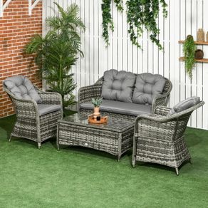 4 Pieces Outdoor PE Rattan Garden Furniture Set with Cushions - Patio Special Hand Weave Wicker Conservatory Sofa Set and Glass Top Coffee Table, Mixed Grey