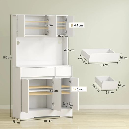 Modern Kitchen Sideboard with 4 Cabinets, 2 Drawers and Adjustable Shelves, 100x38x180 cm, White