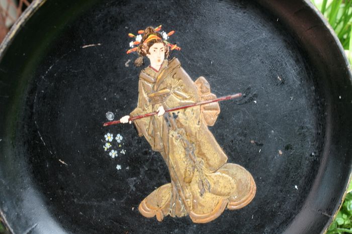 19th Century English Chinoiserie Papier Mache Wine Coaster Tray and Mid 19th Century English Victorian Period Papier Mache Tray with Mother-of-Pearl