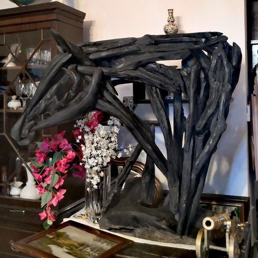 Giant unique bog oak and drift wood horse statue