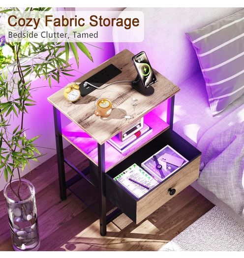 Bedside Table with Charging Station, Small Sofa Side Table with LED Light