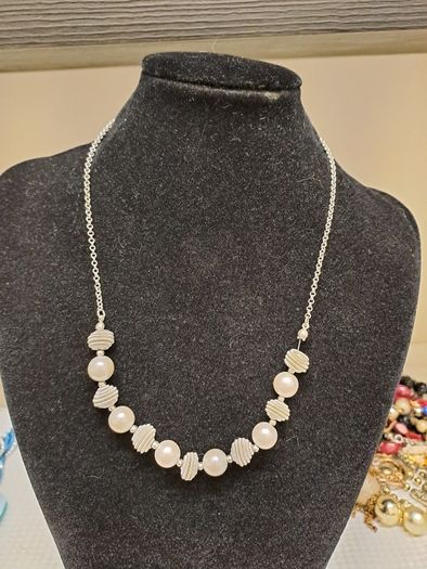 Silver Tone Necklace with Faux Pearl Beads M&S