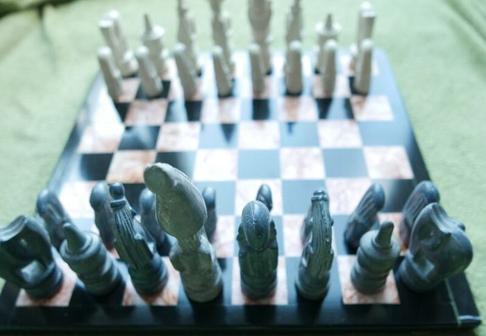 Vintage Marble Chess Board, 14 inch and Handcrafted African Soapstone Chess Set (king 6")