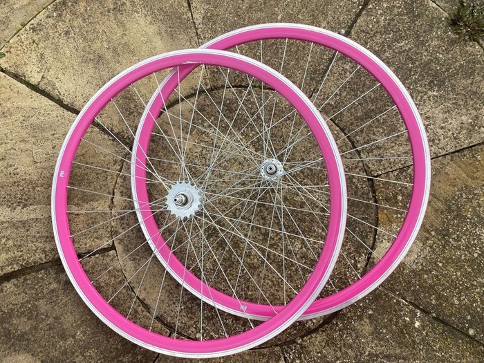 Pink Bicycle Wheelset - Fixie/Singlespeed/FixedGear/Track Bike (FlipFlop Rear Hub) Sealed Bearings - Massive Discount Sale due to Cosmetic Flaws - Pink Rims with Silver Spokes and Hubs