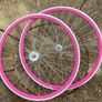 Pink Bicycle Wheelset - Fixie/Singlespeed/FixedGear/Track Bike (FlipFlop Rear Hub) Sealed Bearings - Massive Discount Sale due to Cosmetic Flaws - Pink Rims with Silver Spokes and Hubs Image 3