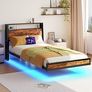 Floating Single Bed Frame with Charging Station and LED Lights, Wood Headboard with Storage Shelves, Heavy Duty Metal Slats, No Box Spring Needed, Noise Free, Easy Assembly, Black Image 3
