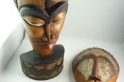 African Tribal Style Wood Masks, Set of 2, One with Metal Inlay