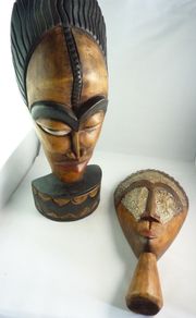 African Tribal Style Wood Masks, Set of 2, One with Metal Inlay