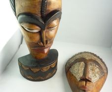 African Tribal Style Wood Masks, Set of 2, One with Metal Inlay