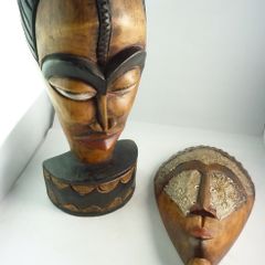 African Tribal Style Wood Masks, Set of 2, One with Metal Inlay