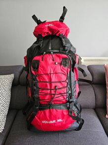 90 L Hiking backpack. Trekking backpack. Camping backpack. Red.