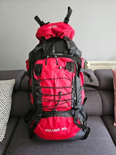90 L Hiking backpack. Trekking backpack. Camping backpack. Red.