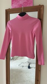 Pink Ribbed High Neck Roll Neck Top - Size XS/S
