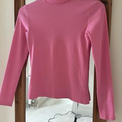 Pink Ribbed High Neck Roll Neck Top - Size XS/S