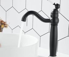 Bathroom Basin Mixer Tap, Mono High Rise Basin Tap for Countertop, Tall Traditional Sink Faucet with Ceramic Lever, 360 Swivel Spout, Classic Taps, Retro Style, Brass (Matte Black