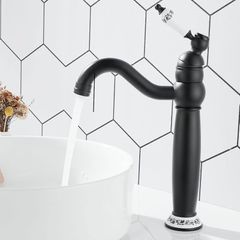 Bathroom Basin Mixer Tap, Mono High Rise Basin Tap for Countertop, Tall Traditional Sink Faucet with Ceramic Lever, 360 Swivel Spout, Classic Taps, Retro Style, Brass (Matte Black