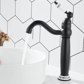 Bathroom Basin Mixer Tap, Mono High Rise Basin Tap for Countertop, Tall Traditional Sink Faucet with Ceramic Lever, 360 Swivel Spout, Classic Taps, Retro Style, Brass (Matte Black