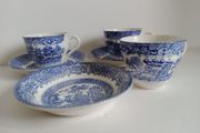 vintage willow cups, saucers and bowl, blue willow cups