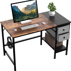 Computer Desk, Office Work Desk for student and worker, Writing Desk with drawer and Headphone Hook, Laptop Table with shelves, Modern Style Desks for Bedroom